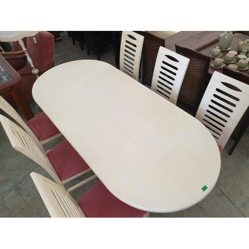 362 - White Finish Oval Dinning Table with Set of 6 x Matching Chairs with Red Fabric Seat (7)