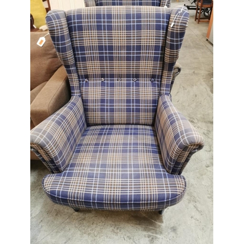 139 - Pair of Ikea Tartan Patterned Wing Back Armchairs (x2)