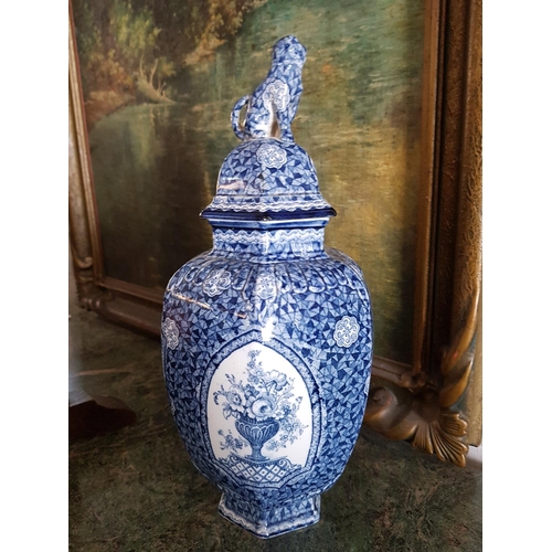 154 - Blue / White Urn with Lid Decor with Guardian Dog (A/F  / Chipped) (H:36cm)