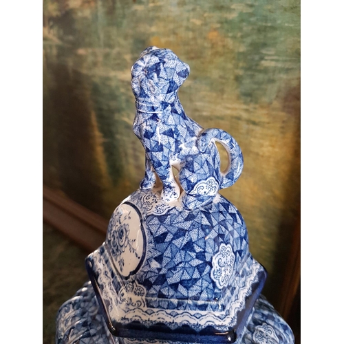 154 - Blue / White Urn with Lid Decor with Guardian Dog (A/F  / Chipped) (H:36cm)