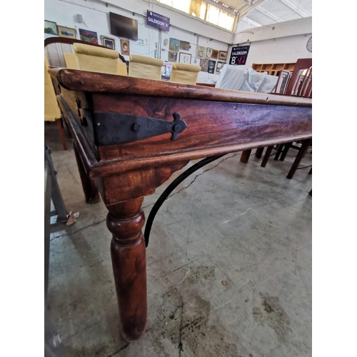 274 - Ornately Carved Mexican Pine Dinning Table with Black Metal Detail & Glass Top