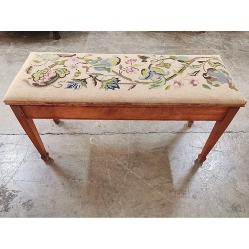 296 - Double Width Piano Stool with Embroidered Floral Design Seat, Spade Foot Legs & Sheet Music Compartm... 