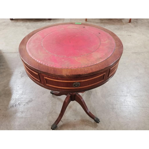 297 - Vintage Mahogany Drum Table with 2 x Drawers, Circular Inset Red Leather Top and Metal Claw Feet on ... 