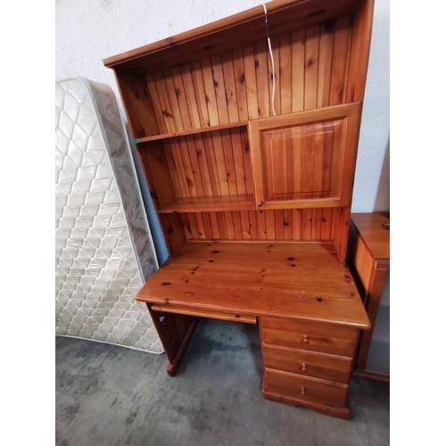 301 - Light Wood Pine Desk with Pull out for Keyboard and Top Shelving Unit with Cupboard (W:117cm x H:195... 