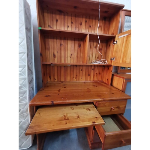 301 - Light Wood Pine Desk with Pull out for Keyboard and Top Shelving Unit with Cupboard (W:117cm x H:195... 