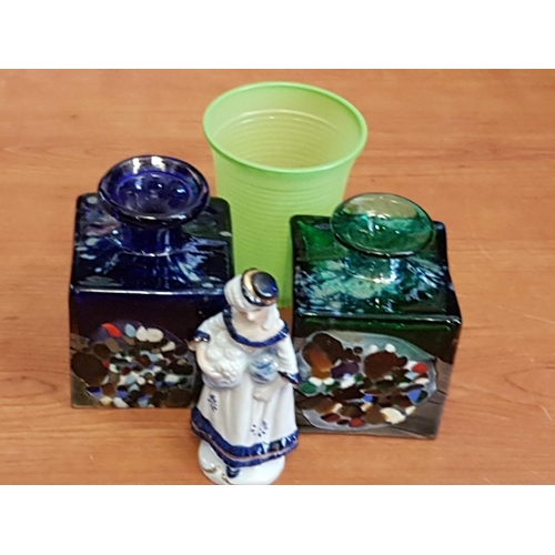 176 - Pair of Murano glass Style Square Mini Bottles / Vases and Mini Continental Figurines