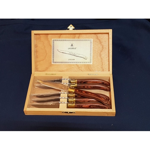 72 - Boxed Set of 6 x Laguidle L'Eclair 440 Fixed Blade Steak Knifes in Wooden Case