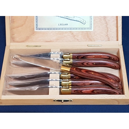 72 - Boxed Set of 6 x Laguidle L'Eclair 440 Fixed Blade Steak Knifes in Wooden Case