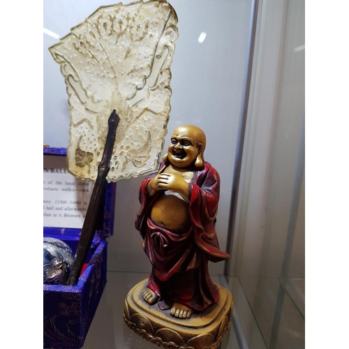 94 - Large Collection of Laughing Buddha, Pair of Bao Ding Iron Ball in Display box and Oriental Mini Fan