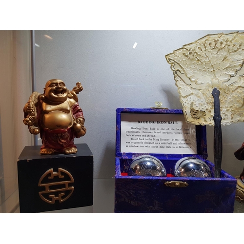 94 - Large Collection of Laughing Buddha, Pair of Bao Ding Iron Ball in Display box and Oriental Mini Fan