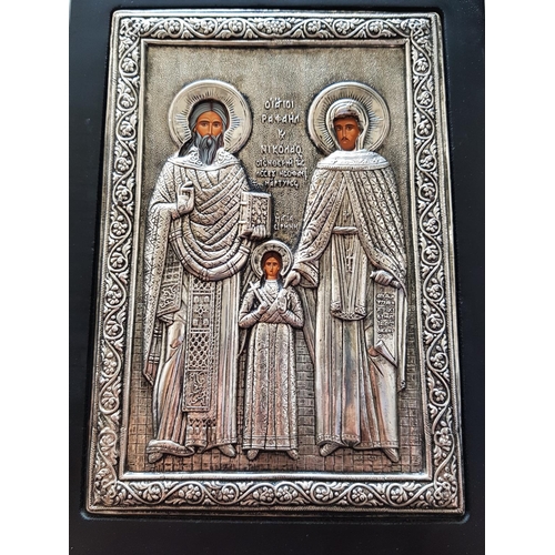 96 - Modern Icon Silver / Wood of St. Nicolas, St Rafail and Ag. Eirini (19.5cm x 26cm)