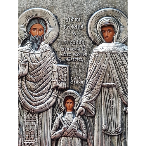 96 - Modern Icon Silver / Wood of St. Nicolas, St Rafail and Ag. Eirini (19.5cm x 26cm)