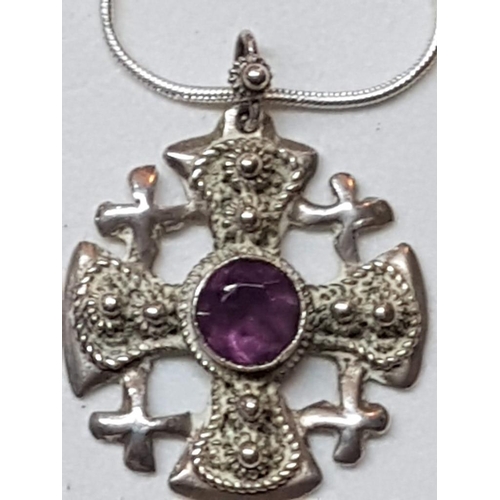 212A - Silver Chain with Silver Cross Pendant with Large Round Amethyst Stone in Center