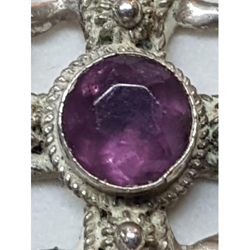 212A - Silver Chain with Silver Cross Pendant with Large Round Amethyst Stone in Center