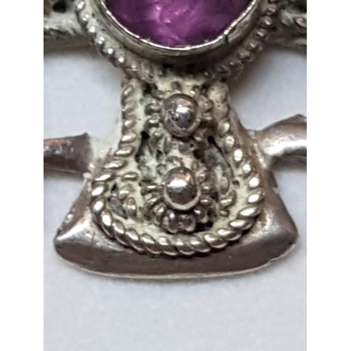 212A - Silver Chain with Silver Cross Pendant with Large Round Amethyst Stone in Center