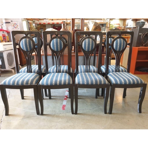 140A - Set of 8 x Black Finish Wooden Dining Chairs with Blue & White Pattern Fabric Padded Seat and Back R... 