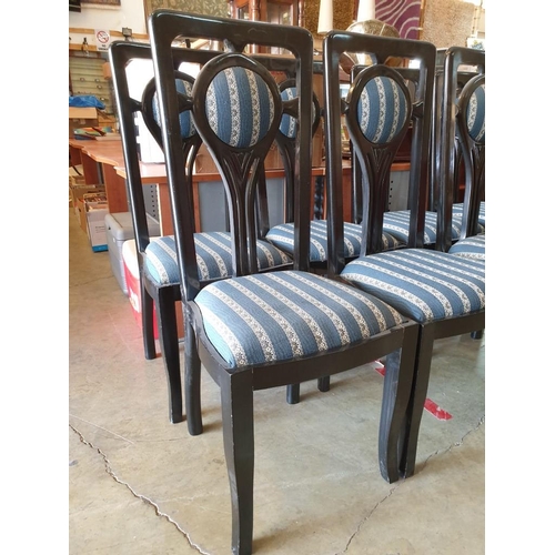 140A - Set of 8 x Black Finish Wooden Dining Chairs with Blue & White Pattern Fabric Padded Seat and Back R... 