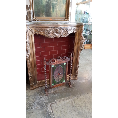 20A - Victorian Wooden Stained Leaded Glass Fireplace Screen with Barley Twist Uprights and Carved Top (53... 