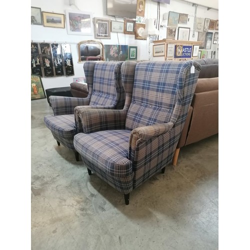 139 - Pair of Ikea Tartan Patterned Wing Back Armchairs (x2)