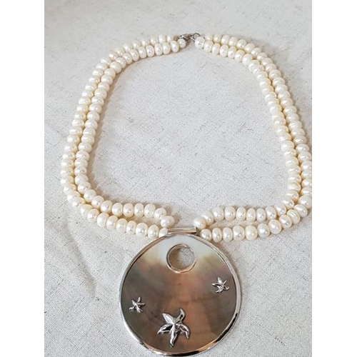 55 - Double Line Pearl Necklace with Large Pendant (Mother of Pearl & 18ct Gold Plated) with Silver .925 ... 