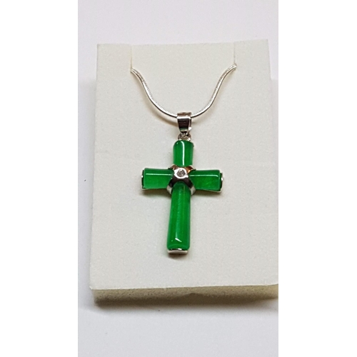 202 - Silver Chain with Silver / Green Jade Cross Pendant