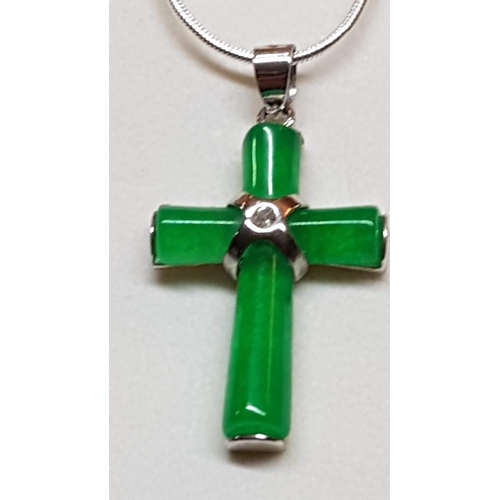 202 - Silver Chain with Silver / Green Jade Cross Pendant