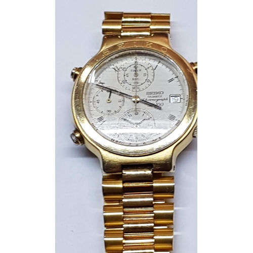 95 - Seiko SQ100 Chronograph; Gold Plated Gents Wrist Watch with Date on Bracelet Strap, Quartz (Running ... 