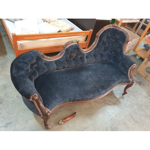 132 - Classical Style Chaise Lounge with Deep Navy Colour Fabric Seat, Back & Armrest with Embroidered Tri... 