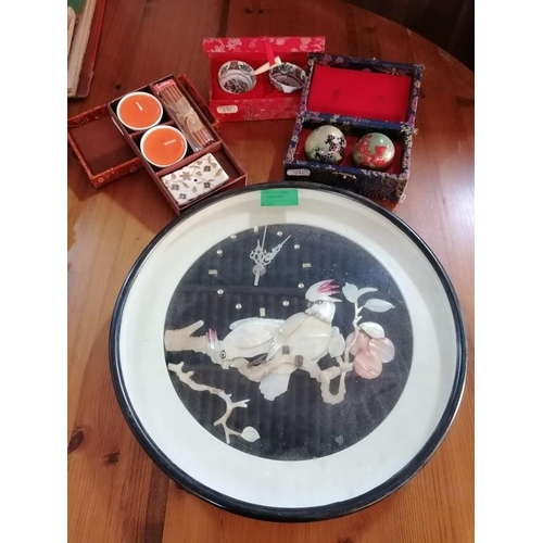 271 - 3 x Oriental Boxes & Wall Clock (1 with 2 x Stress Balls, 2 x Tea Cups and One with Incense Candle