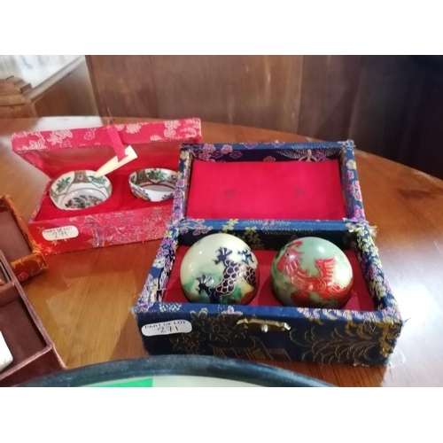 271 - 3 x Oriental Boxes & Wall Clock (1 with 2 x Stress Balls, 2 x Tea Cups and One with Incense Candle