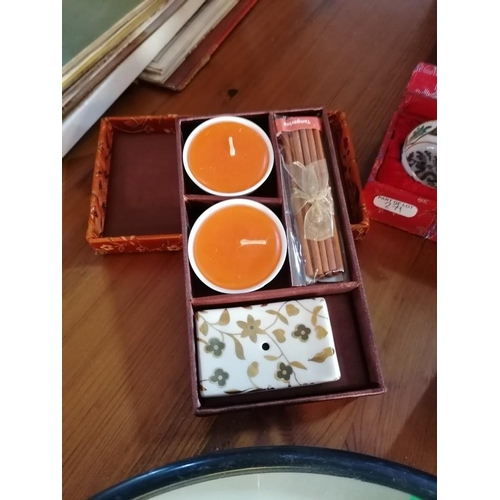 271 - 3 x Oriental Boxes & Wall Clock (1 with 2 x Stress Balls, 2 x Tea Cups and One with Incense Candle