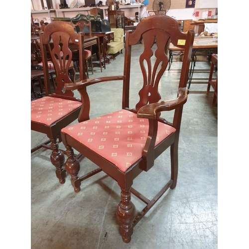 19 - His & Hers Harp Back Dinning Chairs with Red Patterned Fabric Seat & Turned Pineapple Legs (2)
