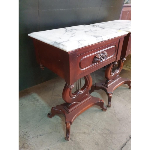 32 - Pair of Mahogany Side Tables with Harp Effect Base, Rose Carved Drawer Handle & Marble Top (2)