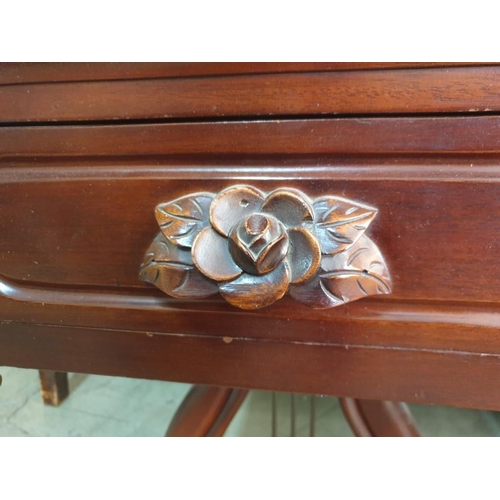 32 - Pair of Mahogany Side Tables with Harp Effect Base, Rose Carved Drawer Handle & Marble Top (2)