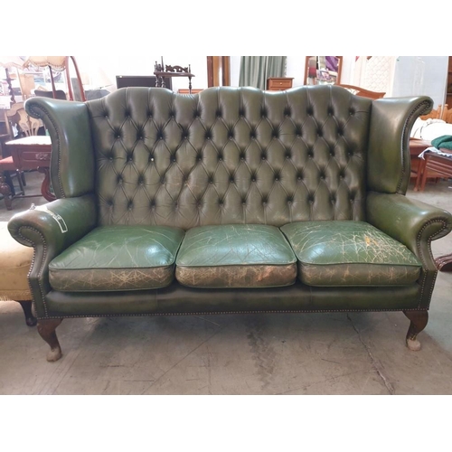 48 - Queen Anne High Back Green Leather Button Back Chesterfield Sofa with Studded Scroll Arm fronts Over... 