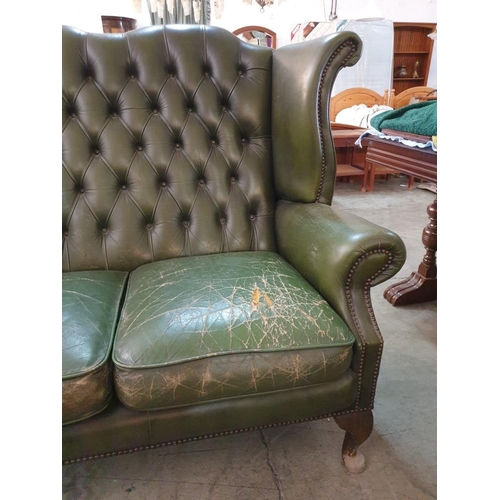 48 - Queen Anne High Back Green Leather Button Back Chesterfield Sofa with Studded Scroll Arm fronts Over... 
