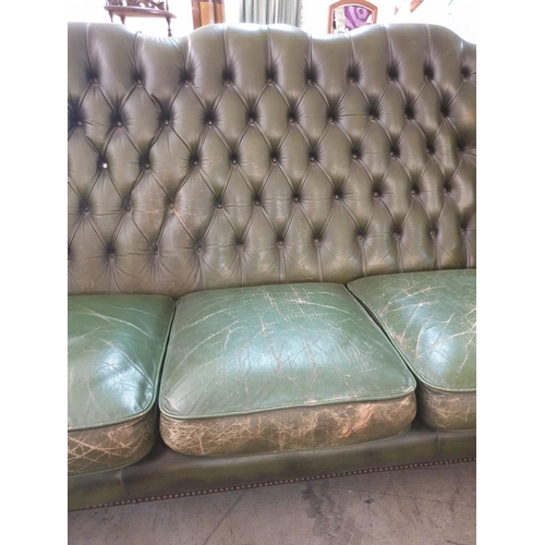 48 - Queen Anne High Back Green Leather Button Back Chesterfield Sofa with Studded Scroll Arm fronts Over... 