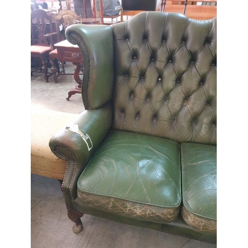 48 - Queen Anne High Back Green Leather Button Back Chesterfield Sofa with Studded Scroll Arm fronts Over... 