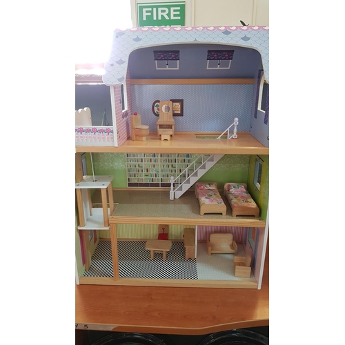 10 - Wooden 3-Storey Dolls House with Wooden Furniture and Lift (26,5cm x 61cm x 80cm)