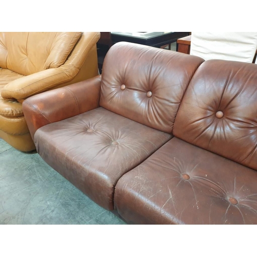 14 - Large 4-Seater Brown Leather Sofa with Button Back on Casters (Approx. 300cm x 100cm)