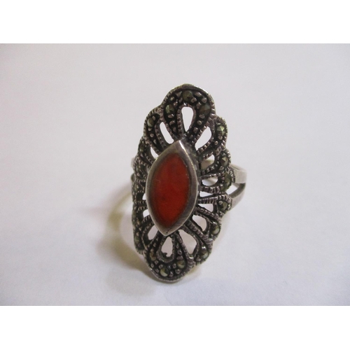 89 - Solid Sterling Silver Marcasite Ladies Ring with Amber Tone Stone 5.8grms Size O/P