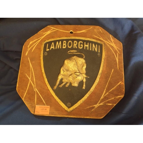 69 - Cast Iron Lamborghini Sign Mounted on Wood