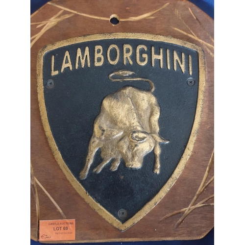 69 - Cast Iron Lamborghini Sign Mounted on Wood