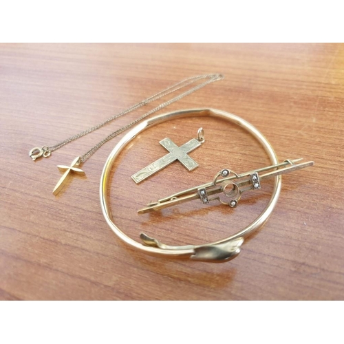 78 - Collection of 9ct Gold (Scrap or Repair); Bangle with Dolphin (5.7g), Bar Broach (Missing Stone, 2.7... 
