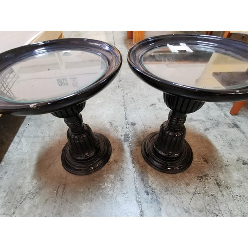 52B - 2 x Black Finish Plant Stand / Pedestal / Side Tables with Glass Top (39cm Diameter, 46cm High), (2)