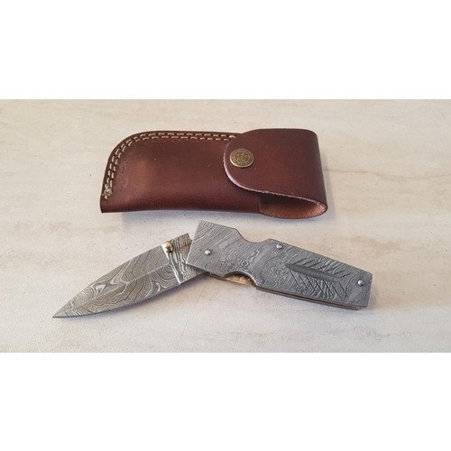 58A - Custom Made Pocket Knife in Damascus Steel with leather Pouch