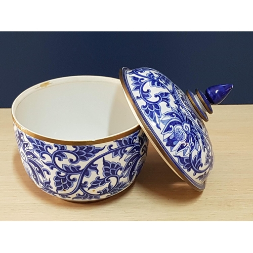 60C - Large Porcelain Bowl with Lid White / Blue and Metal Rim Finish Mexican Pattern