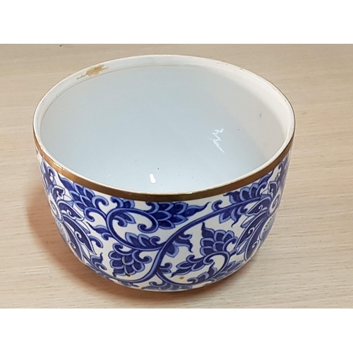 60C - Large Porcelain Bowl with Lid White / Blue and Metal Rim Finish Mexican Pattern