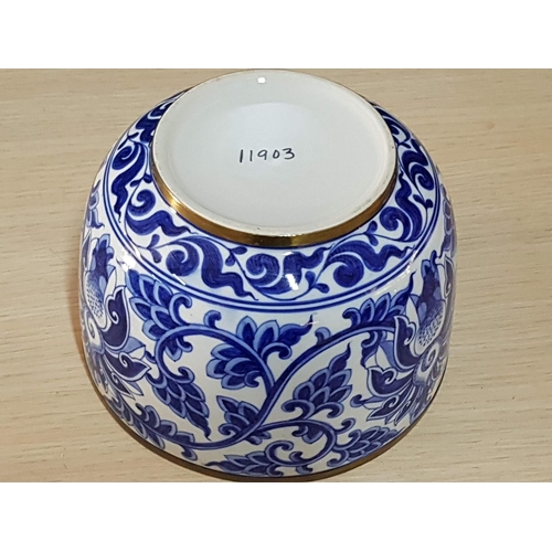 60C - Large Porcelain Bowl with Lid White / Blue and Metal Rim Finish Mexican Pattern