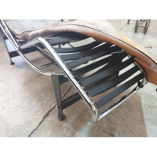 23 - Le Corbusier Style Designer Lounge Chair / Chaise Lounge with Chrome Frame, Cow Hide and Black Metal... 
